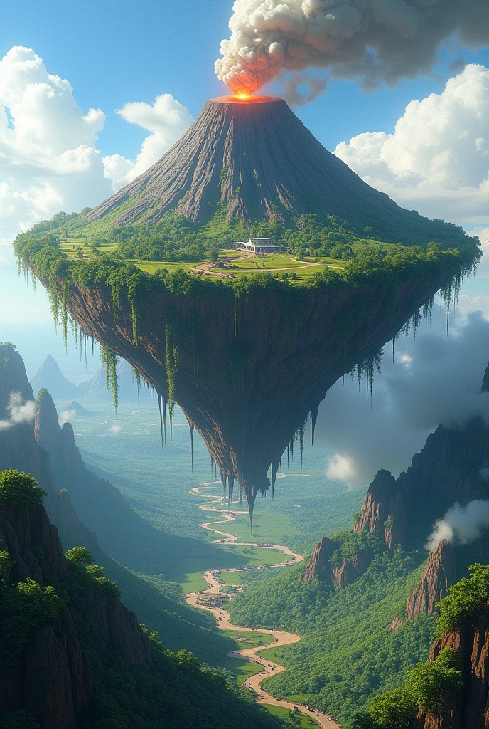 A volcano suspended in the sky , with overflowing fauna and tourism and a route that leads to the volcano.