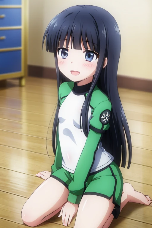 ((Highest quality)), ((masterpiece)), (be familiar with), Perfect Face, indoor, Bedroom, Watching the audience,
One woman, Shiba Miyuki,
Open Mouth, Ecstatic expression, blush, smile,
Small breasts, Flat Chest, Young Girl, Lori, child, Girl,
Long Hair, Long Hair,
Gym suit, White short sleeves, Black shorts, Leg spread,