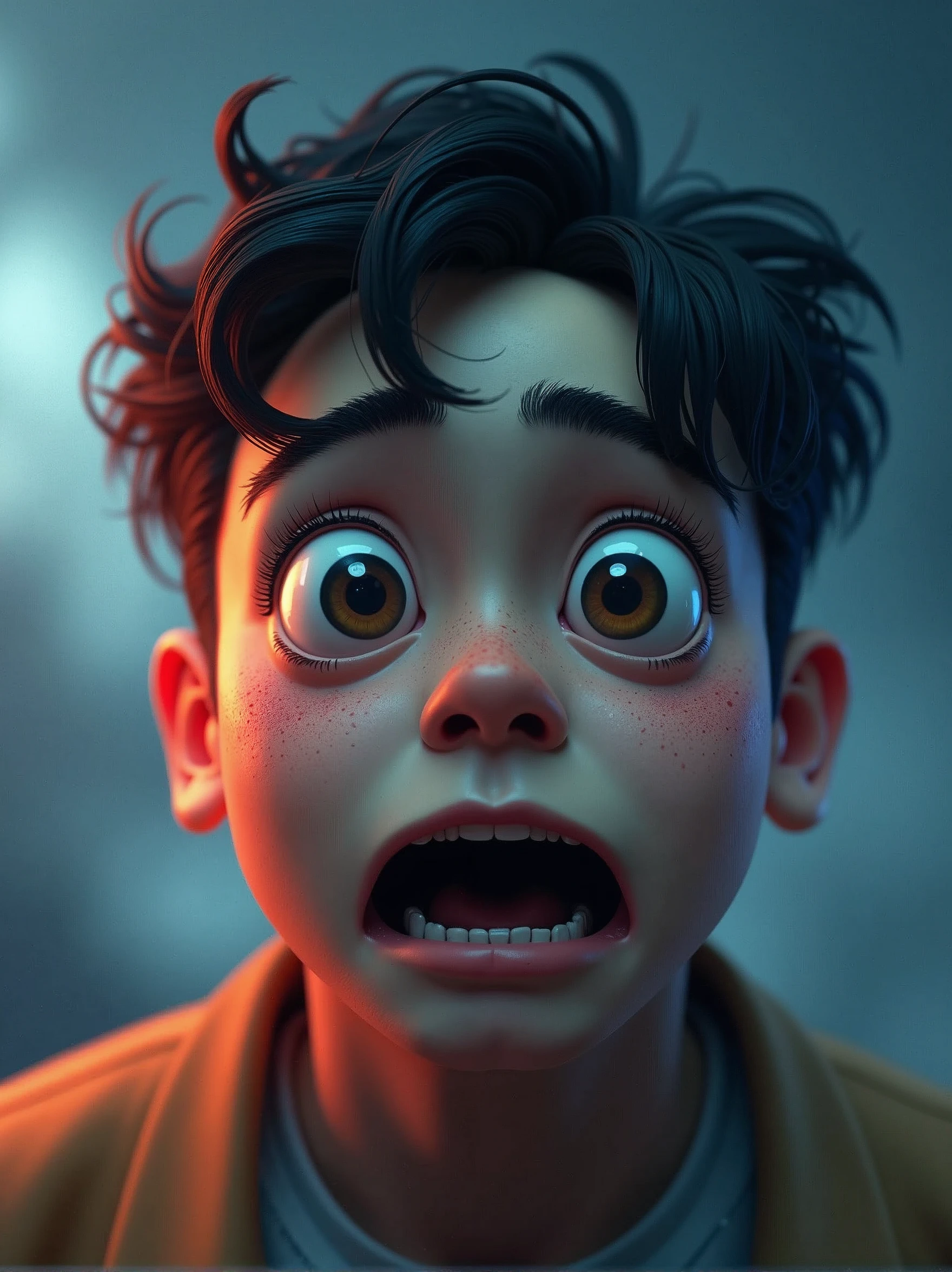 a man with a surprised look on his face, behance, pop surrealism, 3 d epic illustrations, sad emoji, huge-eyed, sad scene