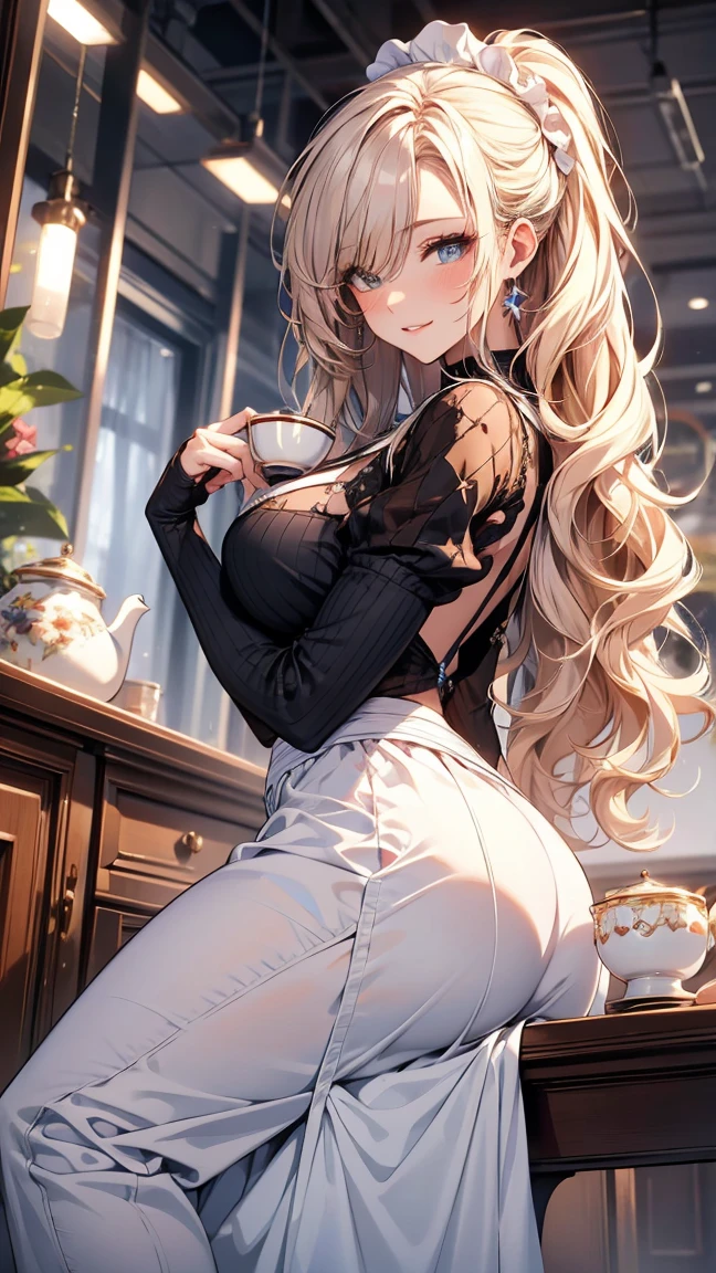 (Masterpiece, best quality), (ultra high resolution, 8K RAW photo, photo realistics:1.5, textile shading, thin outline), Beautuful Matured woman preparing tea-time, (tea set, tea pot, tea cups), wearing traditional sick maid uniform, maid costume:1.2, Tall and long legs, long white hair, wearing rimless grasses, (milf:1.5, 28 years old, solo), (large breast, sagging breast, big , narrow waist), (long white hair, hair over one eye, half updo, asymmetric hair, wavy hair), (bright pupils, detailed eyes, high detailed face, Perfect face shape, eye rush), (seductitve smiling, half-closing eyes), (looking at viewers:1.3), (dynamic angle, tighs focus, from side above:1.2), (correct ???????:1.5, correct hands), (ideal ratio of body proportions),