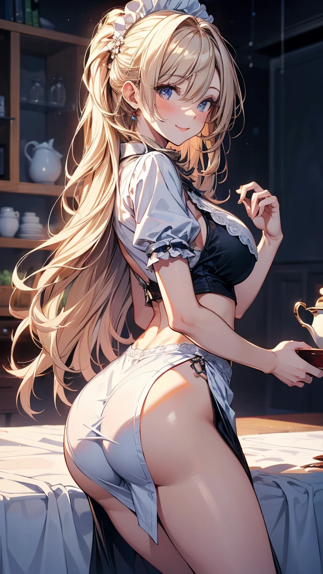 (Masterpiece, best quality), (ultra high resolution, 8K RAW photo, photo realistics:1.5, textile shading, thin outline), Beautuful Matured woman preparing tea-time, (tea set, tea pot, tea cups), wearing traditional sick maid uniform, maid costume:1.2, Tall and long legs, long white hair, wearing rimless grasses, (milf:1.5, 28 years old, solo), (large breast, sagging breast, big , narrow waist), (long white hair, hair over one eye, half updo, asymmetric hair, wavy hair), (bright pupils, detailed eyes, high detailed face, Perfect face shape, eye rush), (seductitve smiling, half-closing eyes), (looking at viewers:1.3), (dynamic angle, tighs focus, from side above:1.2), (correct anatomy:1.5, correct hands), (ideal ratio of body proportions),