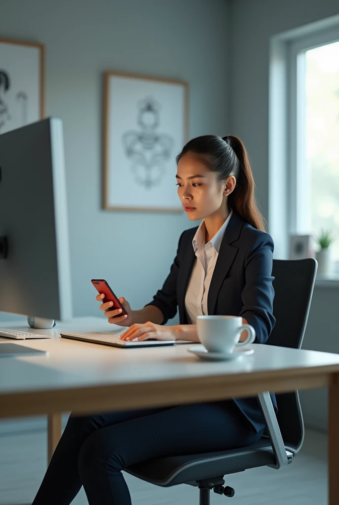 Women using Computer and Phone at same time.