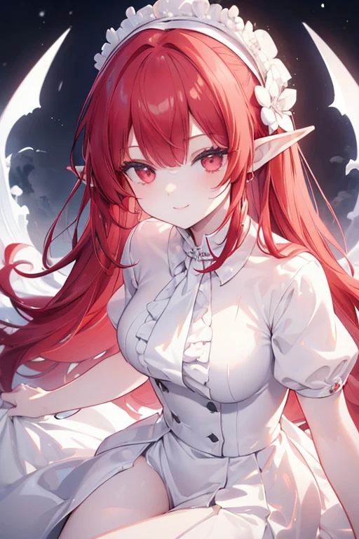 (masterpiece,best quality,ultra-detailed),1girl,red hair, pointy ears,beautiful and detailed face, smile, detailed eyes,white shirt, white skirt, tie,night,fog,((grey and white theme))