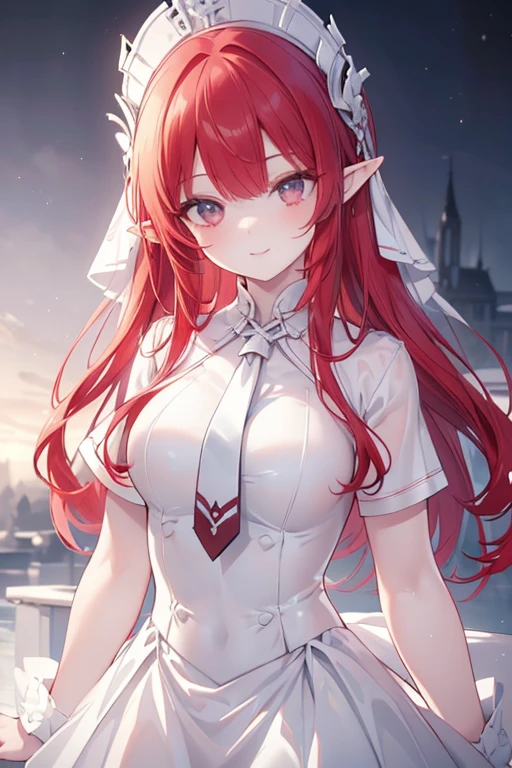 (masterpiece,best quality,ultra-detailed),1girl,red hair, pointy ears,beautiful and detailed face, smile, detailed eyes,white shirt, white skirt, tie,night,fog,((grey and white theme))