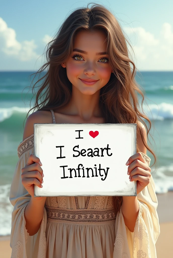 Beautiful girl with wavy long hair, bohemian dress, holding a white board with text "I Love Seaart Infinity" and showing it to the viewer