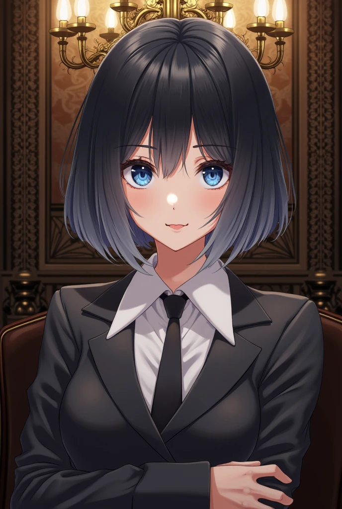 Woman illustration Blue eyes Bob hair Black hair to gray gradation color hair Sitting Chandelier hanging