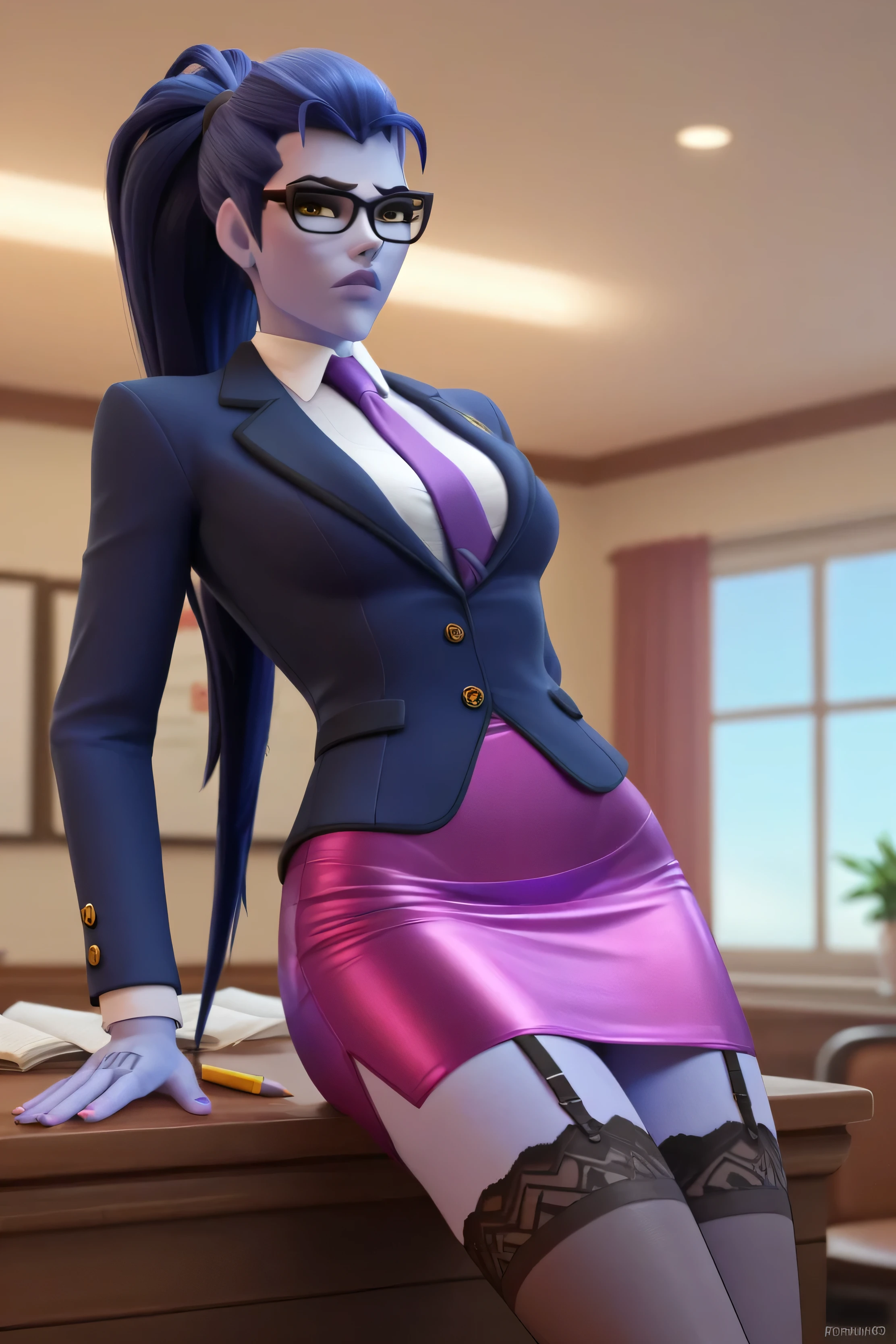 score_9, score_8_up, score_7_up, BREAK, 1girl, solo, widowmaker \(overwatch\), glasses, ponytail,skirt suit, (((three-piece suit))), (((dress shirt))), (((purple necktie))), (((blazer))), (((suit jacket))), (((waistcoat))), double-breasted waistcoat, (((bodycon pencil skirt))), (((stockings))), high heels, pocket square, cufflinks, tie clip, tight clothing, formal clothing, looking at viewer, annoyed, depth of field, indoors, window, depth of field, blue skin