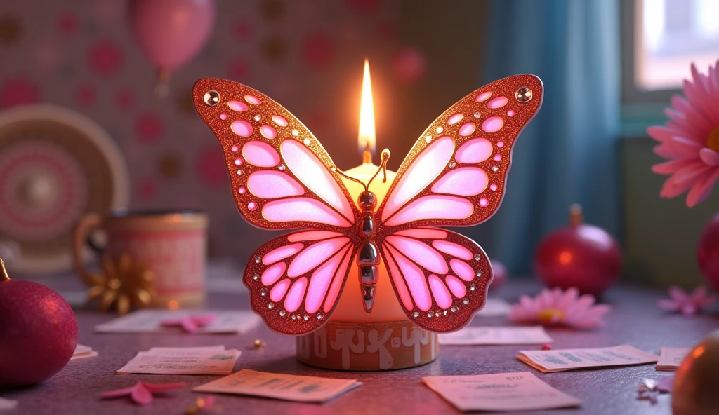 butterfly candle, in the style of y2k aesthetic, pop-culture-infused, jewelry by painters and sculptors, text and emoji installations, money themed, playful animation, humble charm