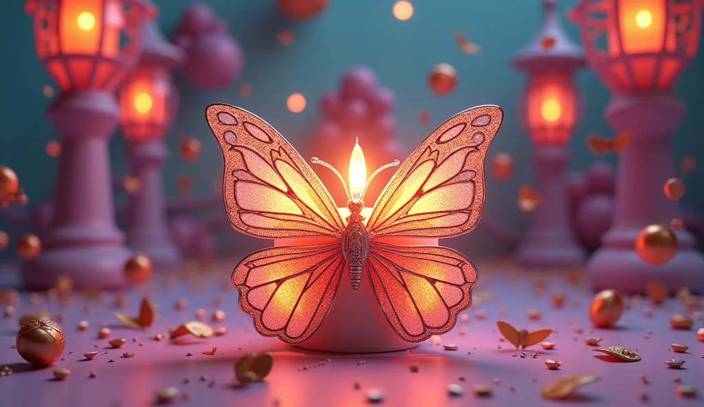 butterfly candle, in the style of y2k aesthetic, pop-culture-infused, jewelry by painters and sculptors, text and emoji installations, money themed, playful animation, humble charm