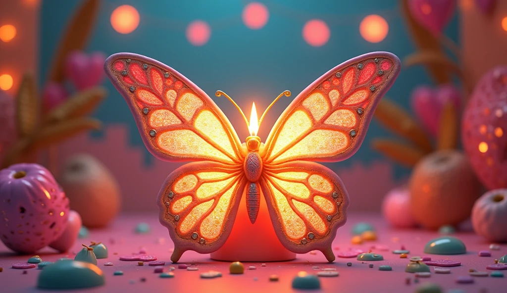 butterfly candle, in the style of y2k aesthetic, pop-culture-infused, jewelry by painters and sculptors, text and emoji installations, money themed, playful animation, humble charm