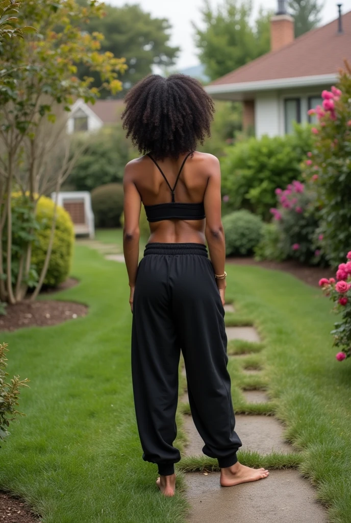black sweatpants, barefoot, black hair, braless woman talking to neighbors in garden