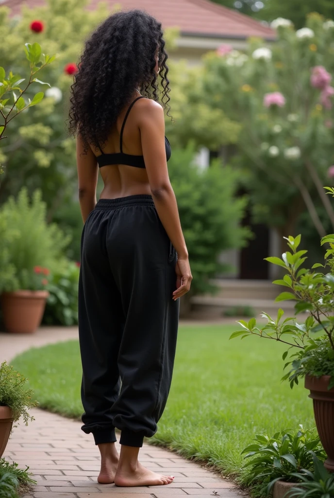black sweatpants, barefoot, black hair, braless woman talking to neighbors in garden