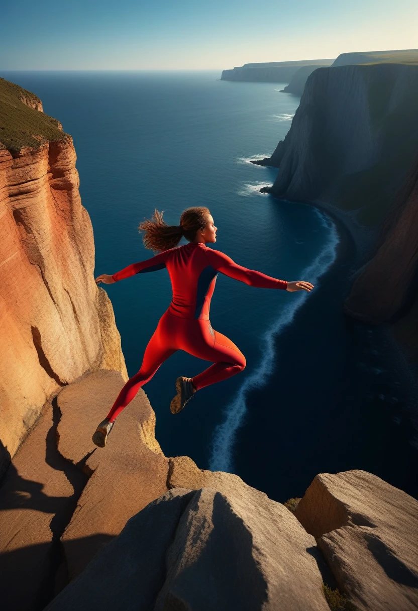 a very distant far overtop view of a super female person jumping over a cliff to another, 1girl, dynamic pose, fearless expression, dramatic lighting, cliffs in the background, { ((the number 2023))on the top of left cliff, { ((the number 2024))} on the right cliff, promotional art, cinematic composition, vibrant colors in the background, dramatic shadows, sense of motion, photorealistic, 8k, high quality, masterpiece, photo-real, pose to depth, highlight the person