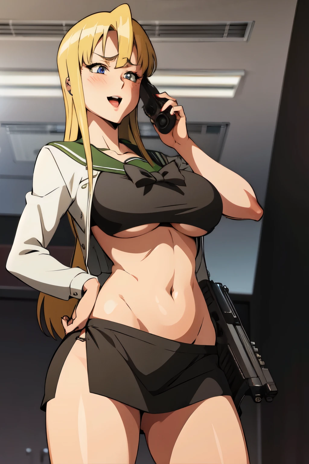 ,retro artstyle,solo,1girl,maron,(blue eyes, blonde hair, blunt bangs), medium breasts , long hair, blush, lipstick, jewelry, earrings, Hot girl, baddie, mean girl, sensual, attractive, masterpiece, best quality, highly detailed, a anime girls in sailor uniforms with a gun posing for a picture,
evil smile, smile, open mouth,black_serafuku, anime girls , digital anime art!!, high school girls, holding a gun, hold a gun, anime style 4
k, micro skirt, exposed belly, exposed navel, exposed midriff, holding pistol,underboob,
exposed lower belly,school, classroom, 