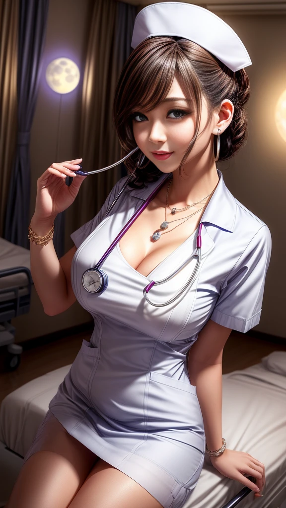 (32K:1.9, Highest quality, masterpiece, Ultra-high resolution), Professional camera work:1.3, Very detailedな肌と顔の質感:1.3, Always accurate, Very detailed, ((25 Talents, nurse, A dark room in a large hospital:1.4, The moonlight at night illuminates the room:1.2)), (Bursting Big Breasts, Tight white nurse uniform:1.3, Incredibly slim body), Fair skin, elegant, sense of cleanliness, Sensual pose, (Big eyes that exude beautiful eroticism:0.4, A shy smile:1.0, I love you with all my heart:0.8, Please open your mouth a little, lipstick, Feel the beautiful eroticism:0.9), (Dark brown medium hair), Stethoscope, Earrings, necklace, bracelet, (romantic, mysterious), Object of admiration, original, dramatic, artistic, Innovative, charm, Heartful, Fancy, sense of openness, special, exciting, Extreme, Tilt, sense of loss, sorrow, sorrowの表現, ((若さのcharm, 女性的なcharm))