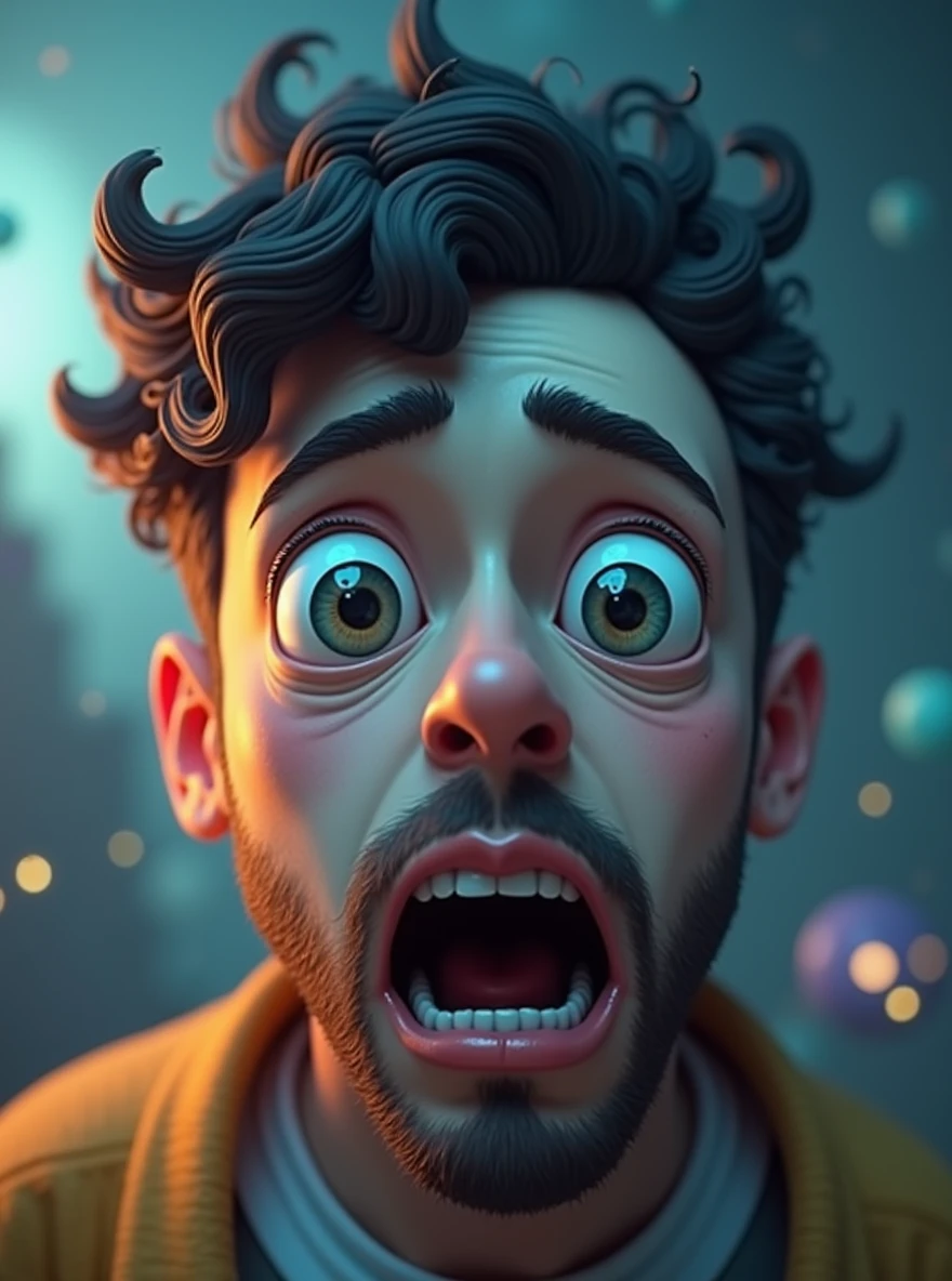 a man with a surprised look on his face, behance, pop surrealism, 3 d epic illustrations, sad emoji, huge-eyed, sad scene