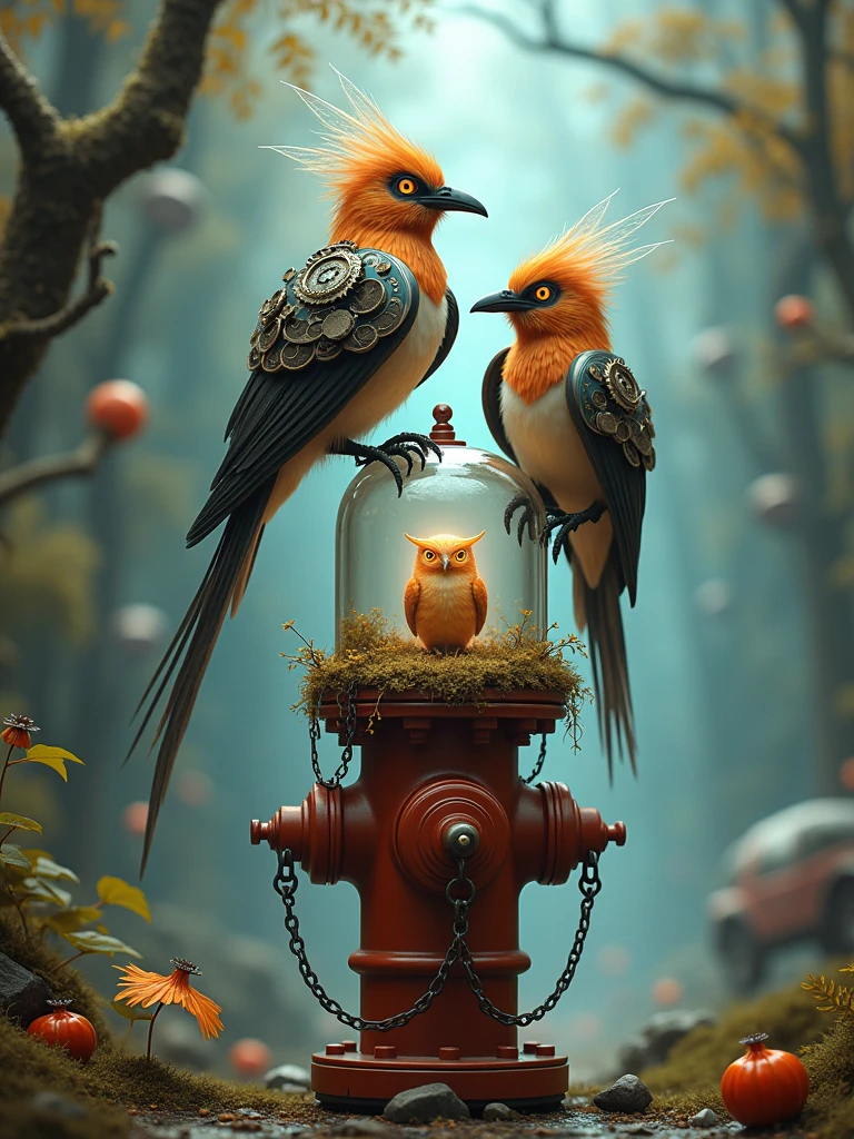 a couple of birds sitting on top of a fire hydrant, cgsociety contest winner, fantasy art, steampunk owl inside a glass jar, nvidia and behance, sick, amazing artwork