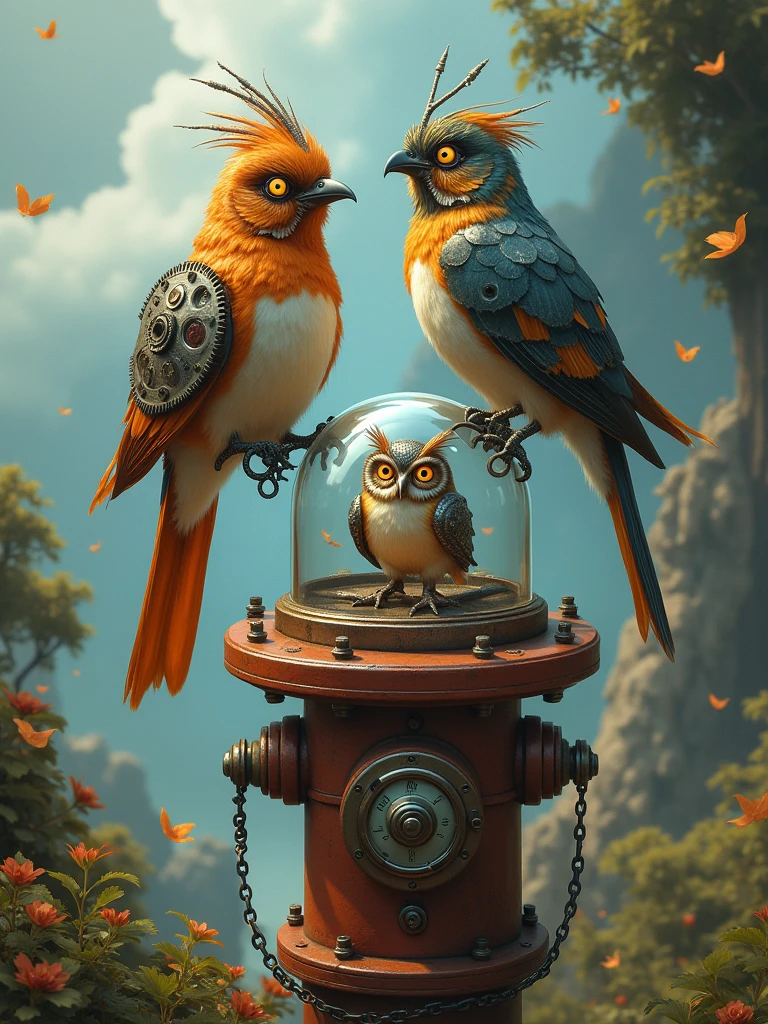 a couple of birds sitting on top of a fire hydrant, cgsociety contest winner, fantasy art, steampunk owl inside a glass jar, nvidia and behance, sick, amazing artwork