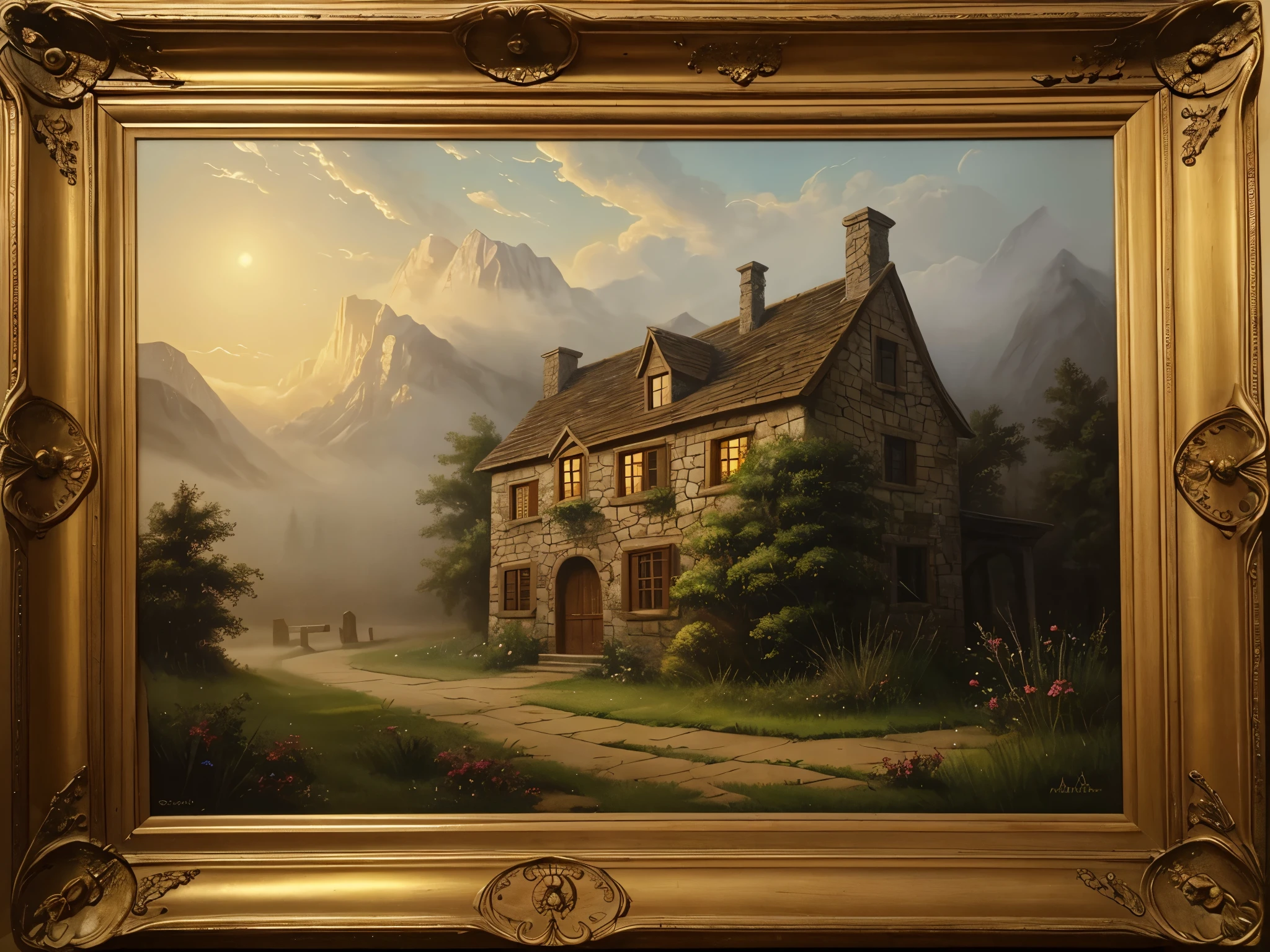 ((best quality)), ((masterpiece)), (detailed), You are an ancient magician and the worlds most renowned painter. You must draw a painting, with a first-person perspective of a Magical Medieval House made out of the finest dark lumber and stone. The House is very old and has vines growing off of it. The House is in the wilderness as has a mountain behind it. The scene is nighttime, with lots of fog, in low lighting. There are some trees in the background clouded by fog. The painting has a gold border and behind it is a wooden background.