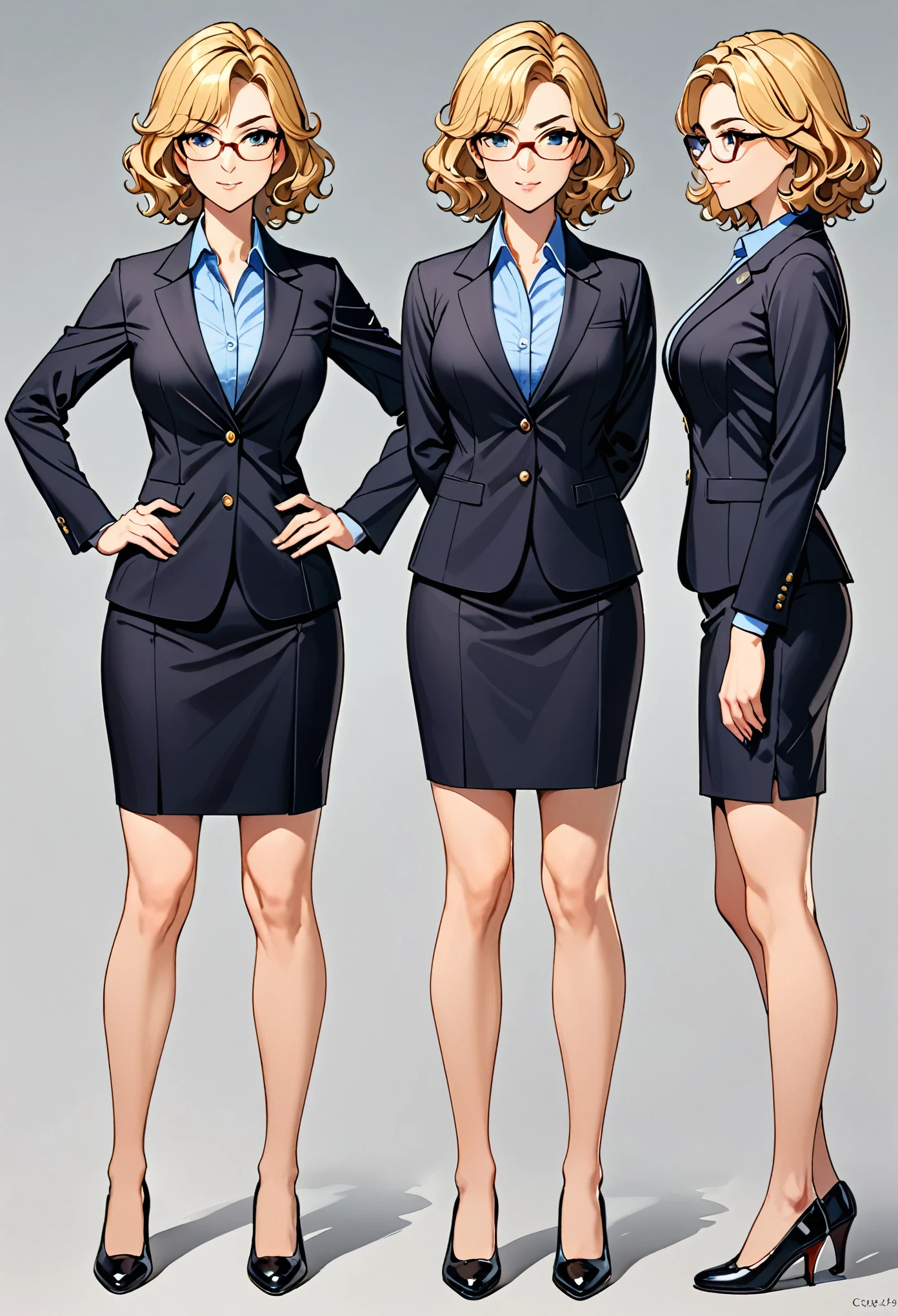 masterpiece, best quality, hires, 1girl, equal height, finger proportions coordination, medium breasts, suit, skirt, pencil skirt, bare legs, glasses, shoes, solo, single, hands on hip, standing, beautiful detailed eyes, beautiful detailed face, (blonde hair, (short hair, wavy hair)), mature lady, teacher, perfect body, good proportions, Simple background, Multiple Views, Character Sheet Full-Length.