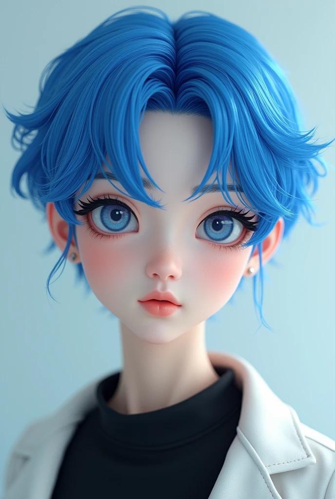 Japanese male idol with blue hair and a side-parted hairstyle