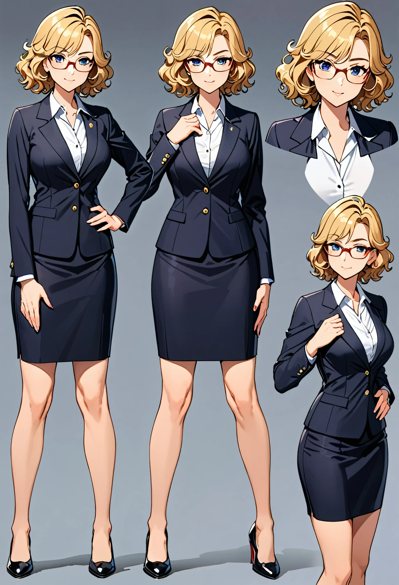 masterpiece, best quality, hires, 1girl, equal height, finger proportions coordination, medium breasts, suit, skirt, pencil skirt, bare legs, glasses, shoes, solo, single, hands on hip, standing, beautiful detailed eyes, beautiful detailed face, (blonde hair, (short hair, wavy hair)), mature lady, teacher, perfect body, good proportions, Simple background, Multiple Views, Character Sheet Full-Length.