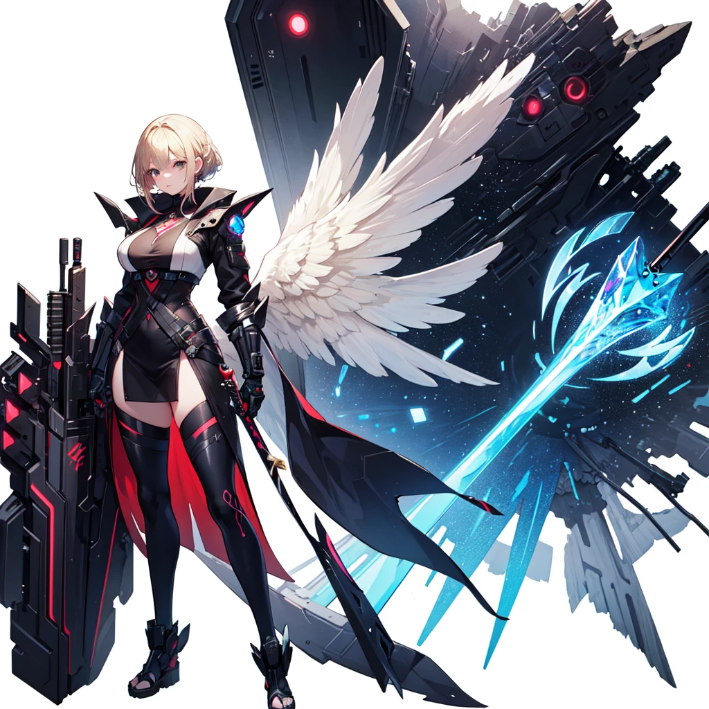 (Tabletop, Highest quality), (Perfect female body:1.2), Very detailed, Anime Style, alone, Priestess in cyber dress、With a huge sword, Cyberpunk Ninja Girl, Ash Blonde Hair, Giant crystal angelic fairy wings、 White Background, whole body. Standing in the Wilderness