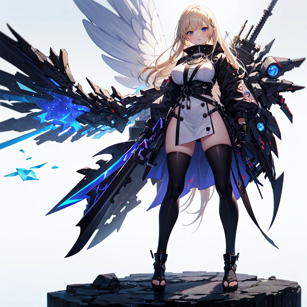 (Tabletop, Highest quality), (Perfect female body:1.2), Very detailed, Anime Style, alone, Priestess in cyber dress、With a huge sword, Cyberpunk Ninja Girl, Ash Blonde Hair, Giant crystal angelic fairy wings、 White Background, whole body. Standing in the Wilderness