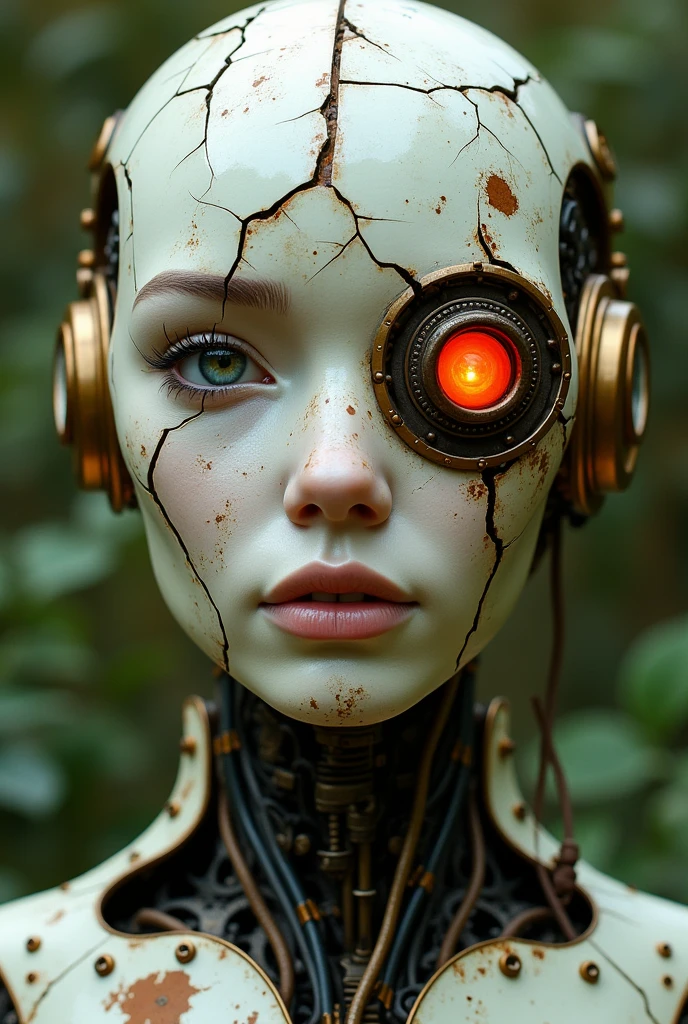 steampunk android portrait, cracked brass face with exposed cybernetics. Hyper-realistic details, human eyes, one framed by intricate mechanical eyelid. Weathered off-white surface, etched with fine fracture lines and rust stains. Hard, lifelike lips contrast with silicon rubber skin. Segmented panels reveal glimpses of retro steampunk circuitry beneath. Delicate nose sculpted with artificial precision. Visible joints, bolts, welding, and seams along cheekbones and forehead. One eye socket houses glowing red Incandescent bulbs. Tangle of obsolete wires and tubes at neck. Lush, overgrown backdrop hints at post-apocalyptic setting. Harsh, dramatic lighting emphasizes textures. steampunk aesthetic meets baroque detailing. Ultra-high resolution, photorealistic rendering.