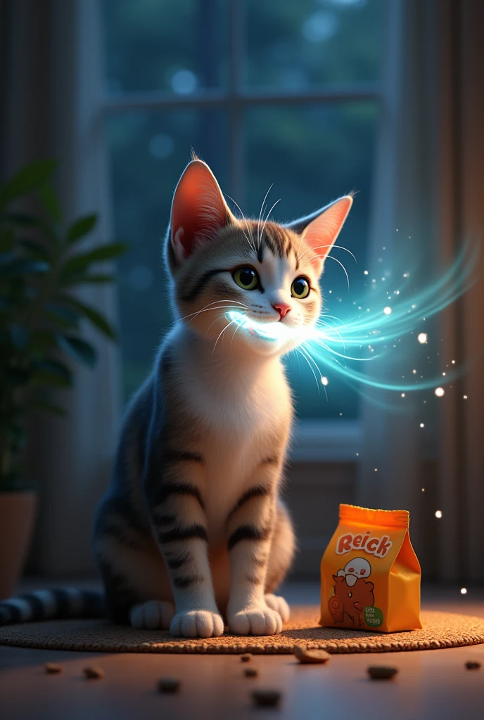 The cat ate the dry food so deliciously that light came out of its mouth. There was a bag of cat food next to the cat food.