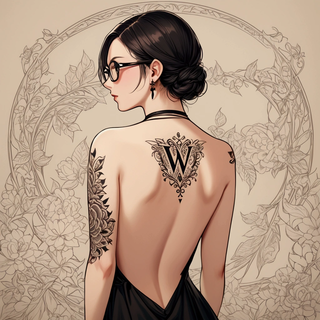 1 mqmf, by the wide, Wearing glasses, wearing a backless dress, looking back, letter W tattoo on back