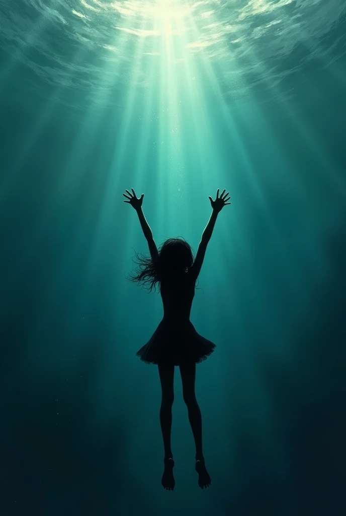 Full body silhouette drawing of a girl in profile submerged in the depths of the sea trying to swim to the surface with her arms up