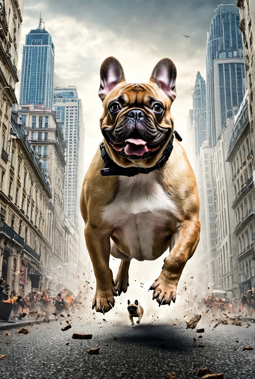 Giant French Bulldog attacks a city full of panicking people running for their lives, Frenchie, horror, giant monster movie, disaster, movie poster, cinematic