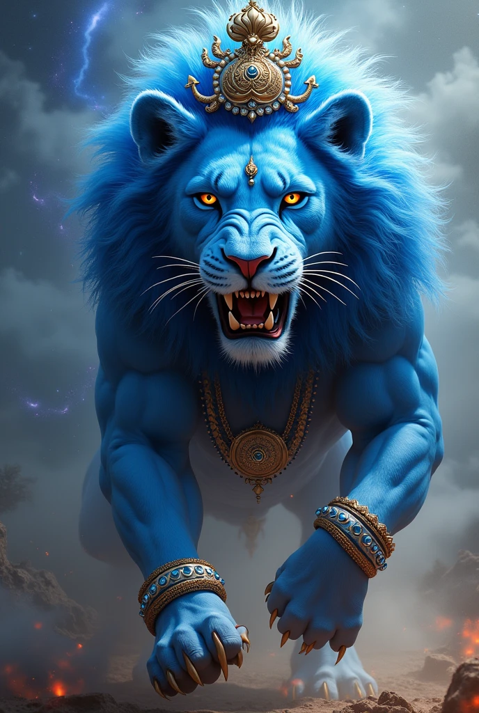 Lord Krishna in lion avatar looking angry and hyper realistic