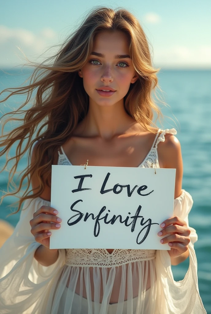 Beautiful girl with wavy long hair, bohemian dress, holding a white board with text "I Love Seaart Infinity" and showing it to the viewer