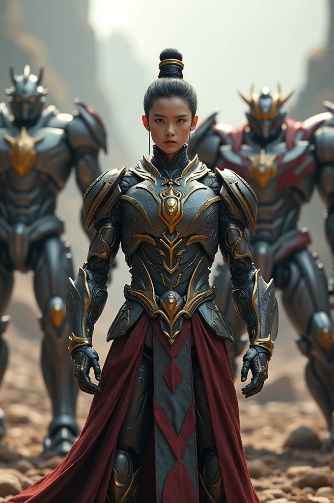 Nezha,a young Chinese mythological hero,standing next to Transformers,highly detailed anatomy, intricate details, cinematic lighting, dramatic pose, epic science fiction scene, hyper realistic, 8k, masterpiece