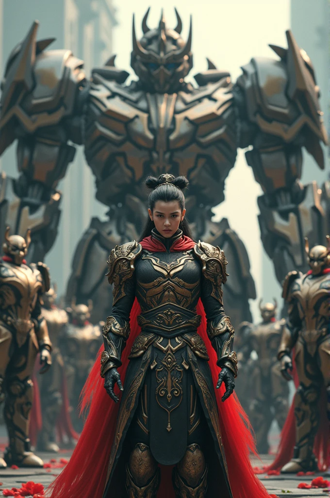Nezha,a young Chinese mythological hero,standing next to Transformers,highly detailed anatomy, intricate details, cinematic lighting, dramatic pose, epic science fiction scene, hyper realistic, 8k, masterpiece