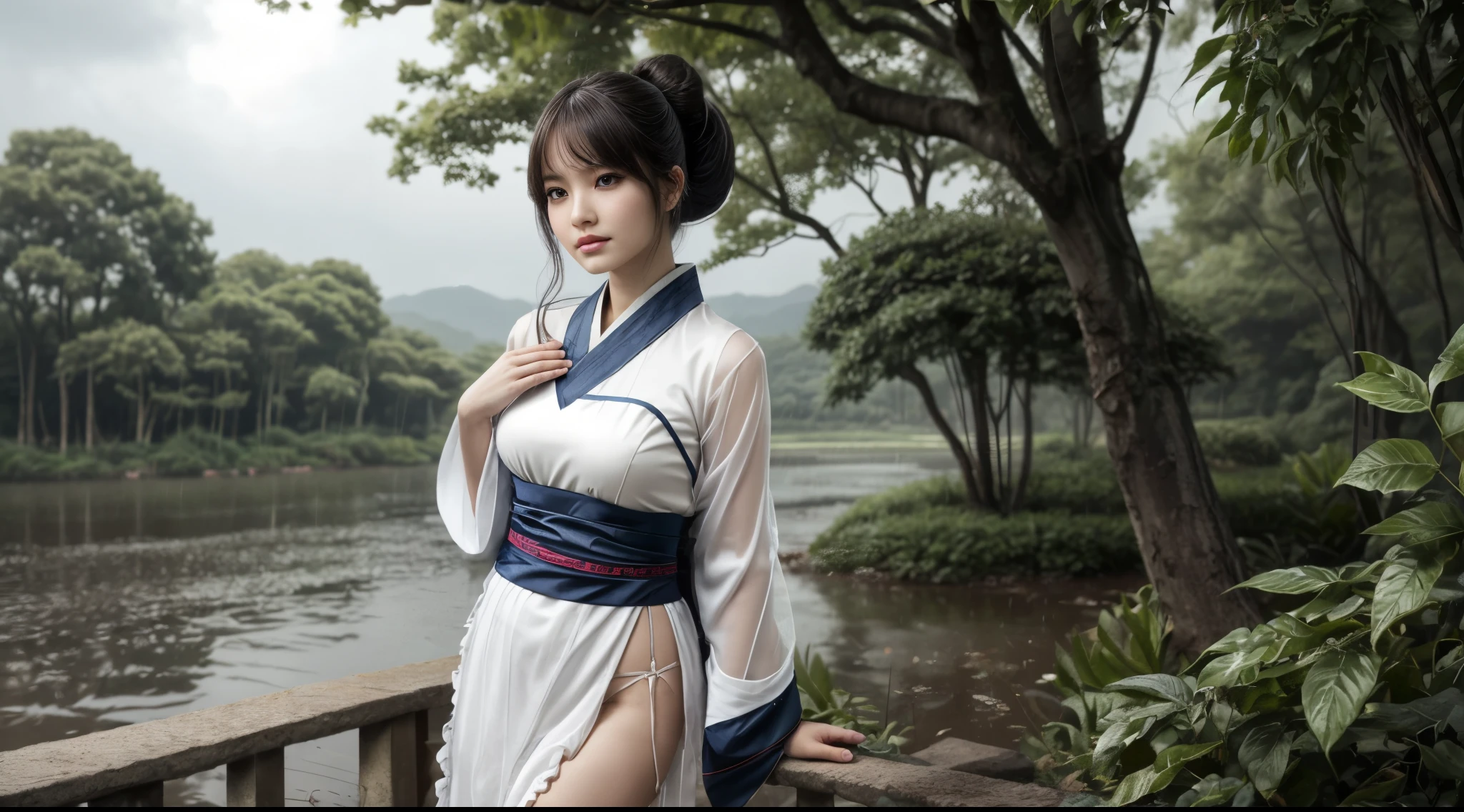 1girl, (solo:1.4), standing, (side cut long hanfu blouse with sailor collar:1.2), (gigantic breasts:1.2), (thigh, see-through ruffles sleeve:1.2), high ponytail, detailed face, (looking at viewer:1.2), rainy weather, heavy rain, highest quality, high resolution, very detailed, delicate texture, silver hair, red eyes, bangs, poker face, holding rabbit, red kimono, floral pattern, romantic nature, very straight hair, dreamlike world atmosphere, exquisite,