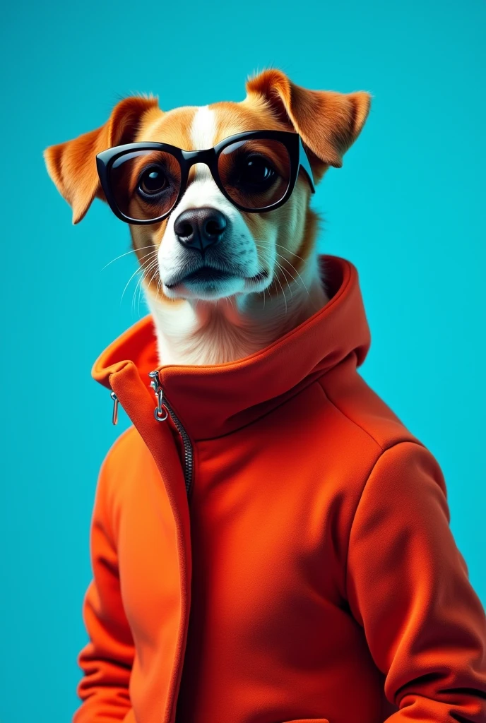 The best cell phone wallpaper, Award-Winning Wallpaper, portrait photography, In the front view is a portrait of a cute dog wearing mid-1960s space age fashion, Side view photo, Shot with Canon EOS R5, Set a strong contrast that accentuates the subject, Fluorescent blue tone, Wearing a very modern coat and sunglasses is a modern 1960s style, Clothes all in one color, beautiful background