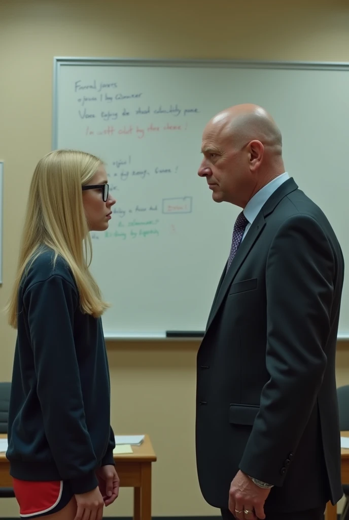 in a tidy room, A tense scene develops between a teacher and a student. The blonde student with big glasses and sportswear looks silently at the serious, bald teacher who hands out a reprimand. The atmosphere is intense, but the room remains tidy, reflecting the seriousness of the situation.