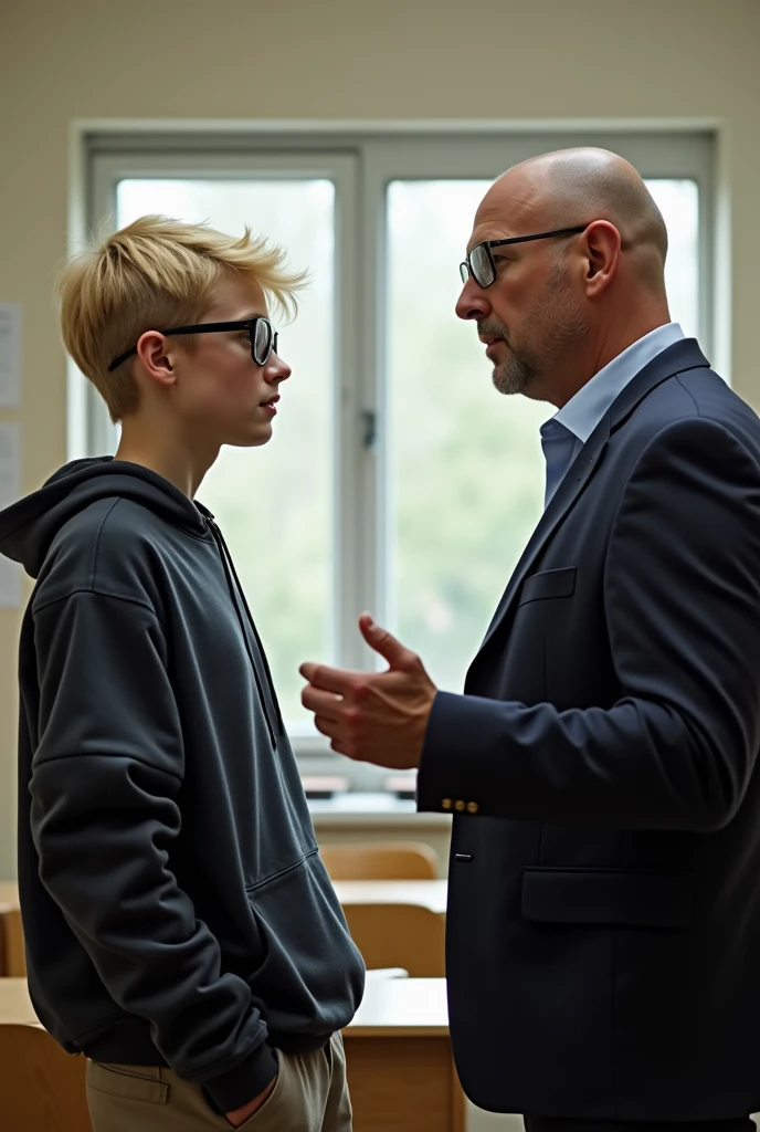 in a tidy room, A tense scene develops between a teacher and a student. The blonde student with big glasses and sportswear looks silently at the serious, bald teacher who hands out a reprimand. The atmosphere is intense, but the room remains tidy, reflecting the seriousness of the situation.