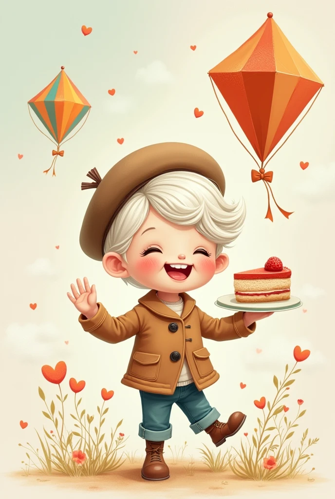 create an illustration of a cute boy with white long hair and beret hat holding a kite and a cake