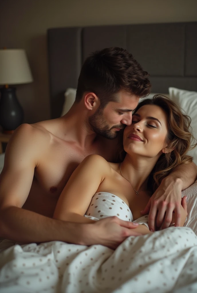 Naked men and woman lying in the bed, sweet hug