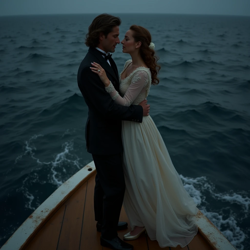 Screenshot of classic scene from Titanic: Jack holding Rose,subtitle(you jump i jump)