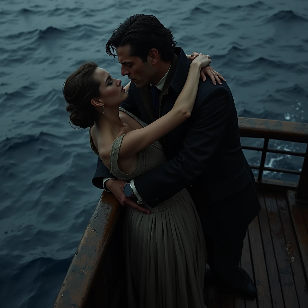 Screenshot of classic scene from Titanic: Jack holding Rose，subtitle（you jump i jump）