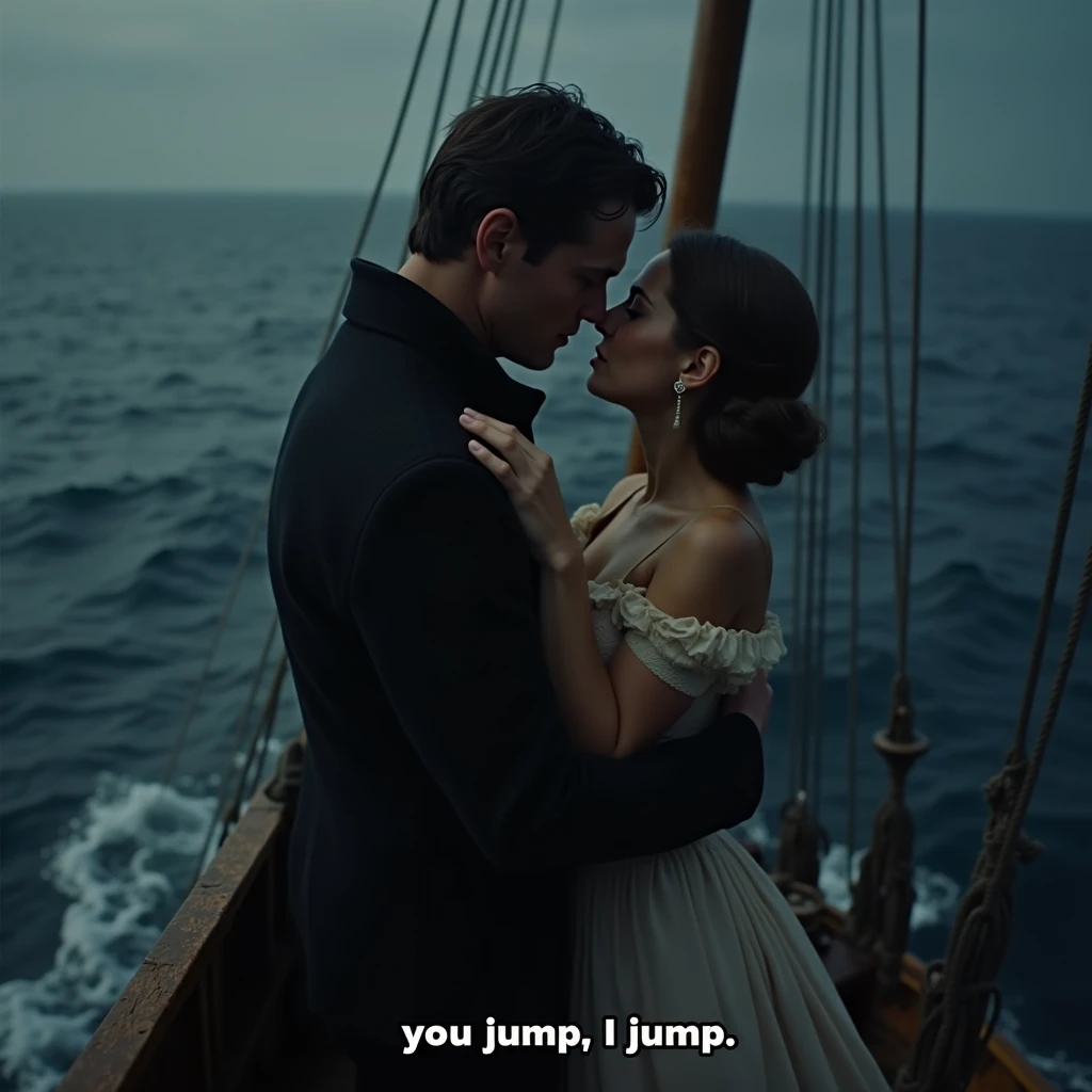 Screenshot of classic scene from Titanic: Jack holding Rose,subtitle(you jump i jump)