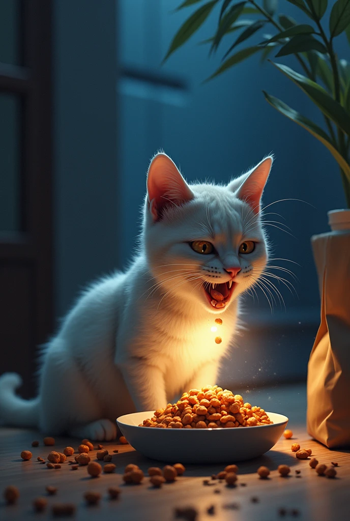 The cat ate the dry food so deliciously that light came out of its mouth. There was a bag of cat food next to the cat food.