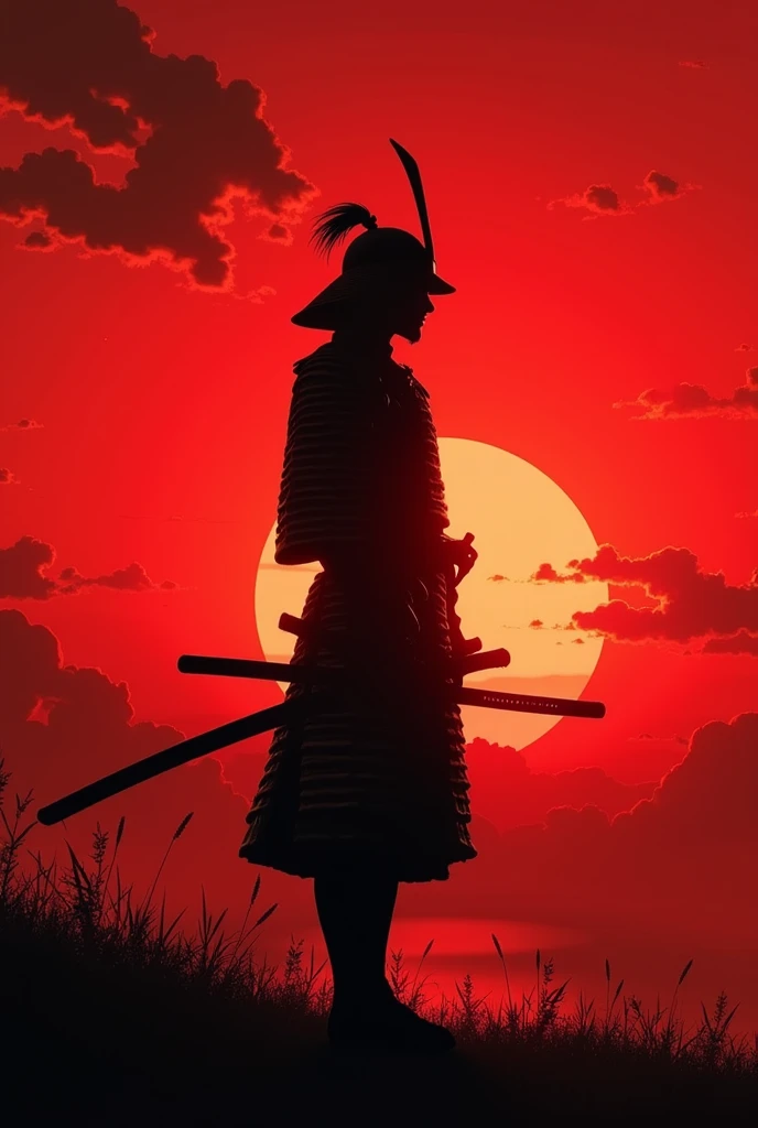 Create a wallpaper of a samurai from behind and make the background a red sunset