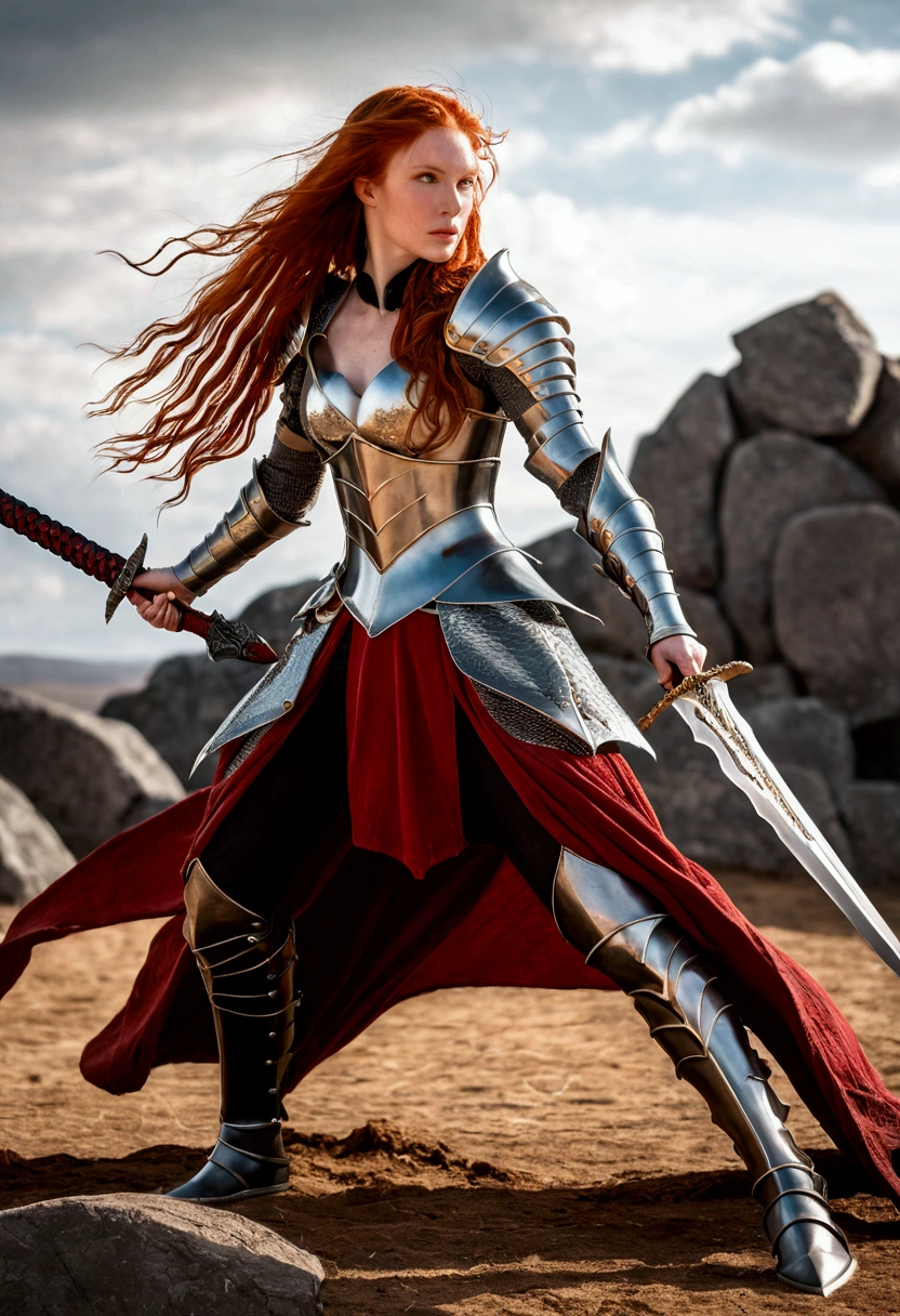 (full body shot:1) photorealistic image of a woman, ultrarealistic, photography, long red hair, woman, 24 years old, hourglass figure, perfect body, Flirty look, natural medium breasts, black metal armor, big red claymore sword on her back, fighting against a dragon, wide shot, cinematic shot, she is raising her sword, she is standing opposite of the dragon, the dragon is spewing fire into the air
