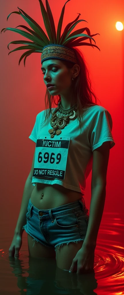 extremely detailed woman in denim cut-offs and latex stockings and t-shirt, sport small race bib "VICTIM 6969 DO NOT RESCUE", is victim of ritual, stuck in bog, fashion photoshoot posing, sexy posing, provocative photoshoot, headdress,traditional indigenous makeup. red, green, blue, side view, red fog